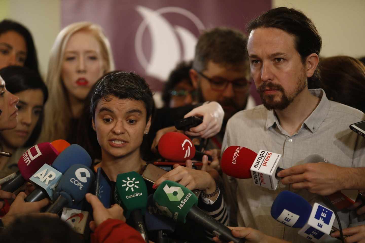 Pablo Iglesias, Yolanda Díaz y Lucía Martín comparecen antes de la reunión entre partidos aliados.