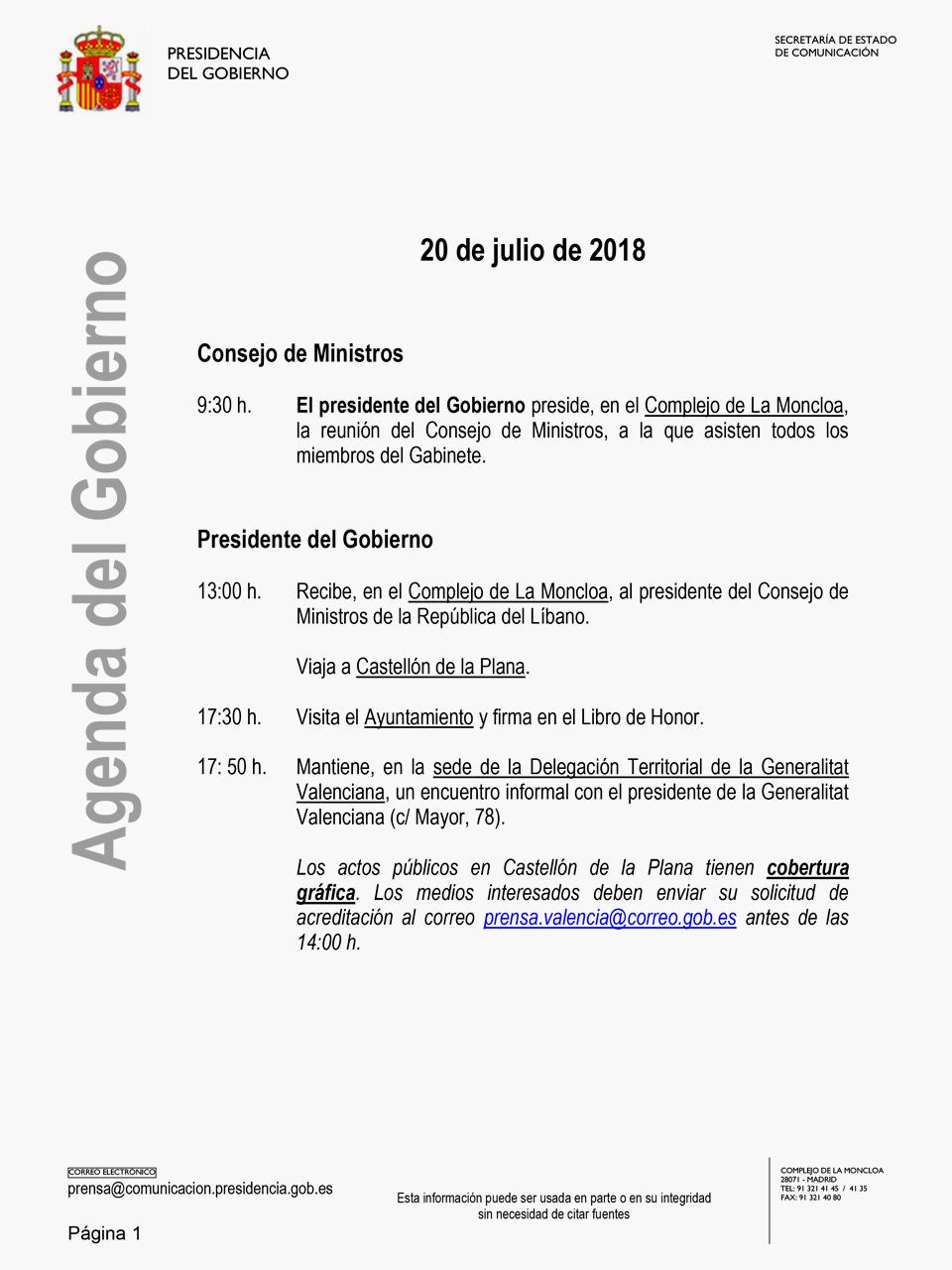 Agenda oficial del Presidente del Gobierno el día 20 de julio de 2018