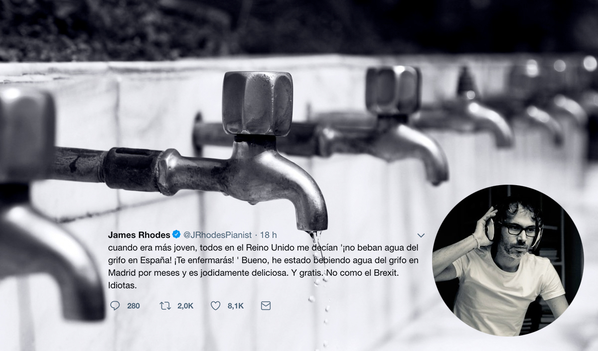 Tuit de James Rhodes alabando el agua del grifo de Madrid