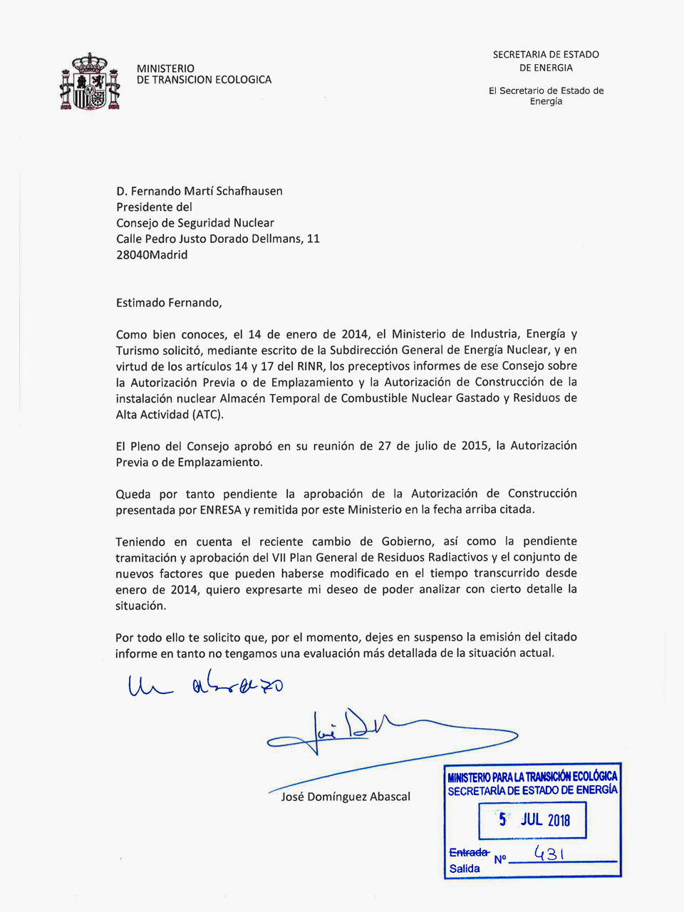 Carta remitida al CSN sobre el ATC Villar de Cañas