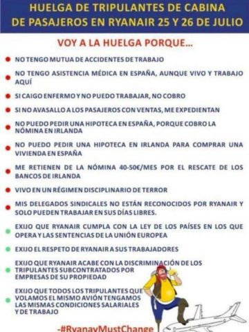 Folleto que reparten los trabajadores de Ryanair explicando las razones por las que acuden a la huelga.