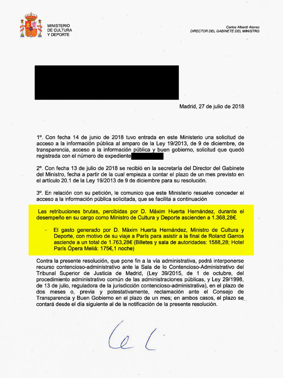 Respuesta oficial en la que se detalla la retribución percibida por Màxim Huerta y el coste de su viaje a París.