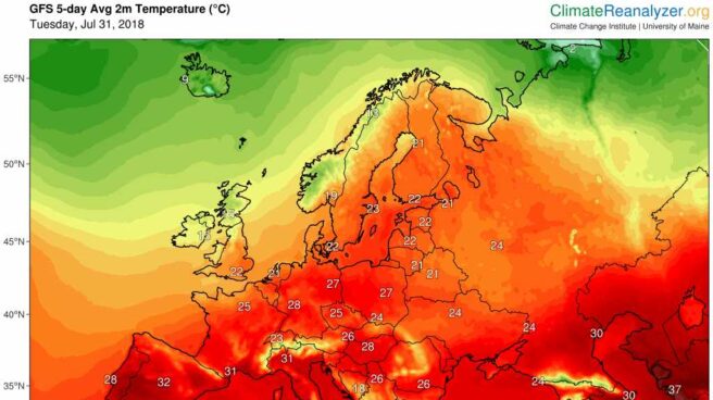 Previsión de temperatura media en Europa en los próximos cinco días