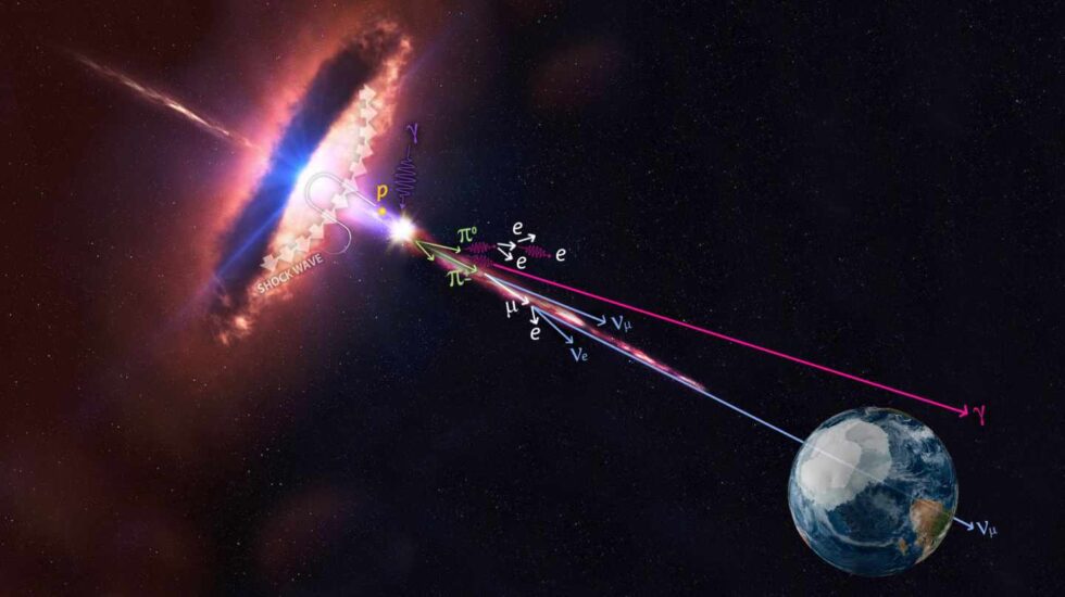 Recreación artística de cómo nos llega un neutrino en rayos cósmicos