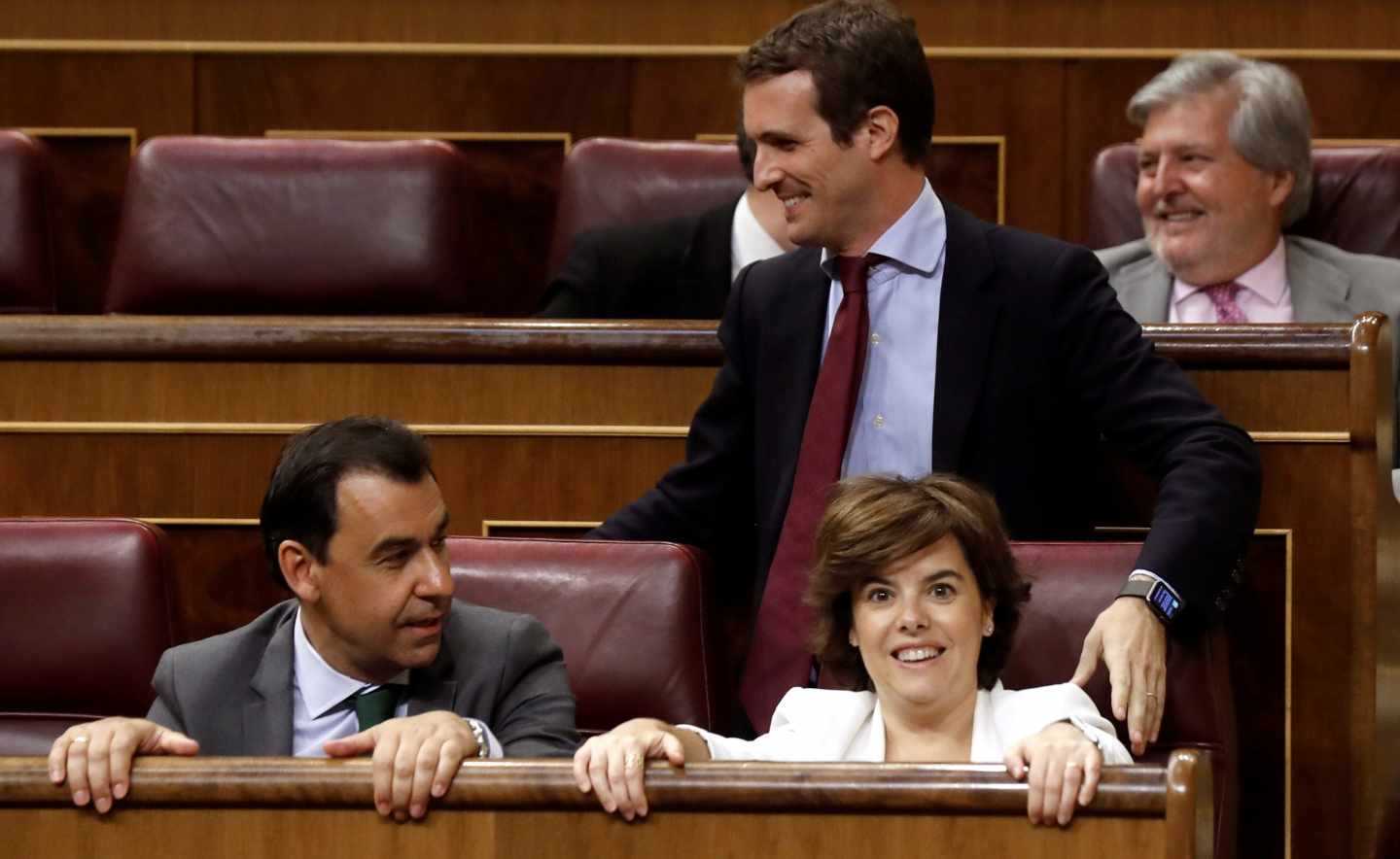 Pablo Casado, Soraya Sáenz de Santamaría y Fernando Martínez Maíllo, en el Congreso de los Diputados.