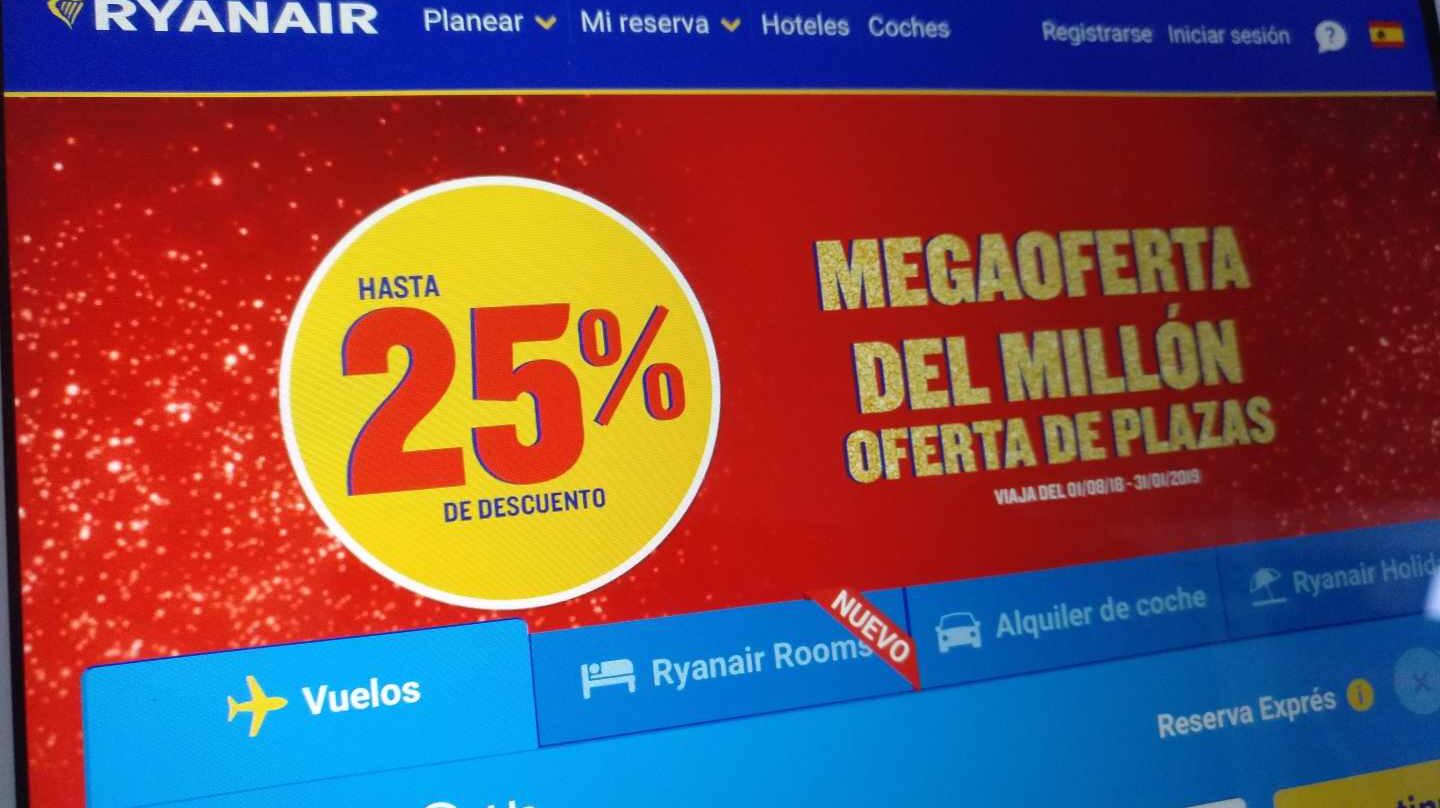 Promoción comercial de Ryanair en su web.