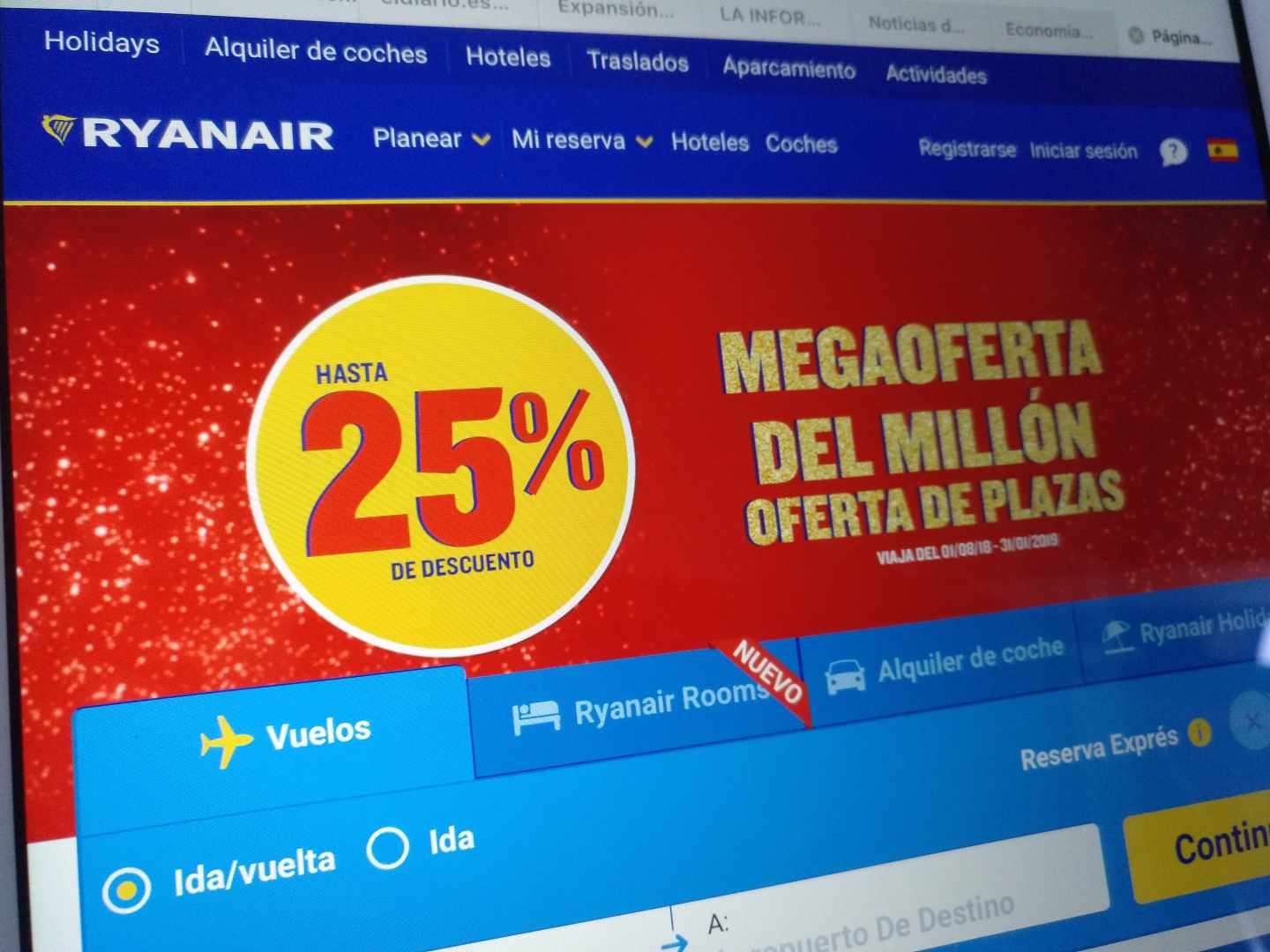 Promoción comercial de Ryanair en su web.