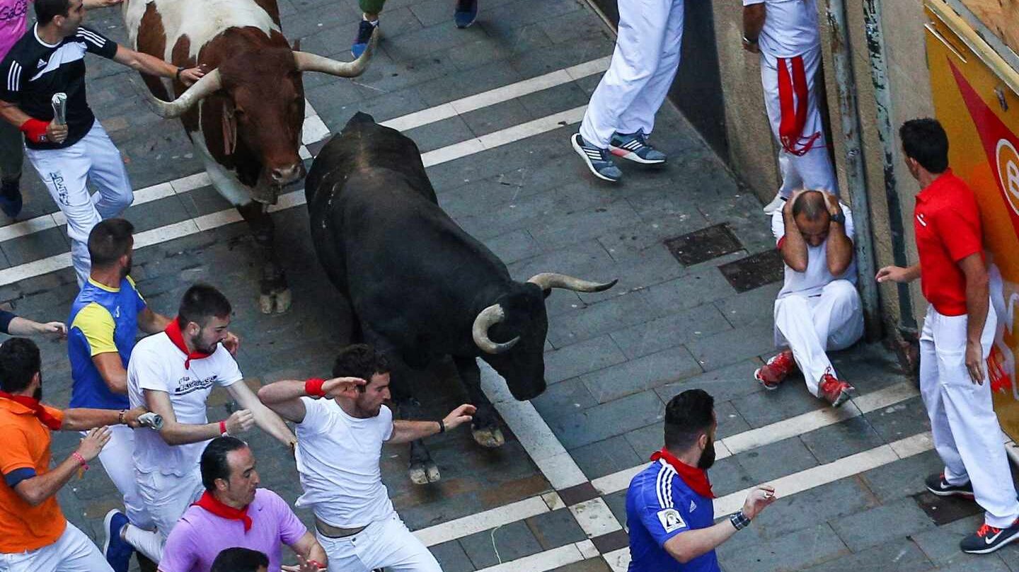 Un toro de la ganadería gaditana de Núñez del Cuvillo a su paso por la calle Estafeta durante el quinto encierro de San Fermín 2018.