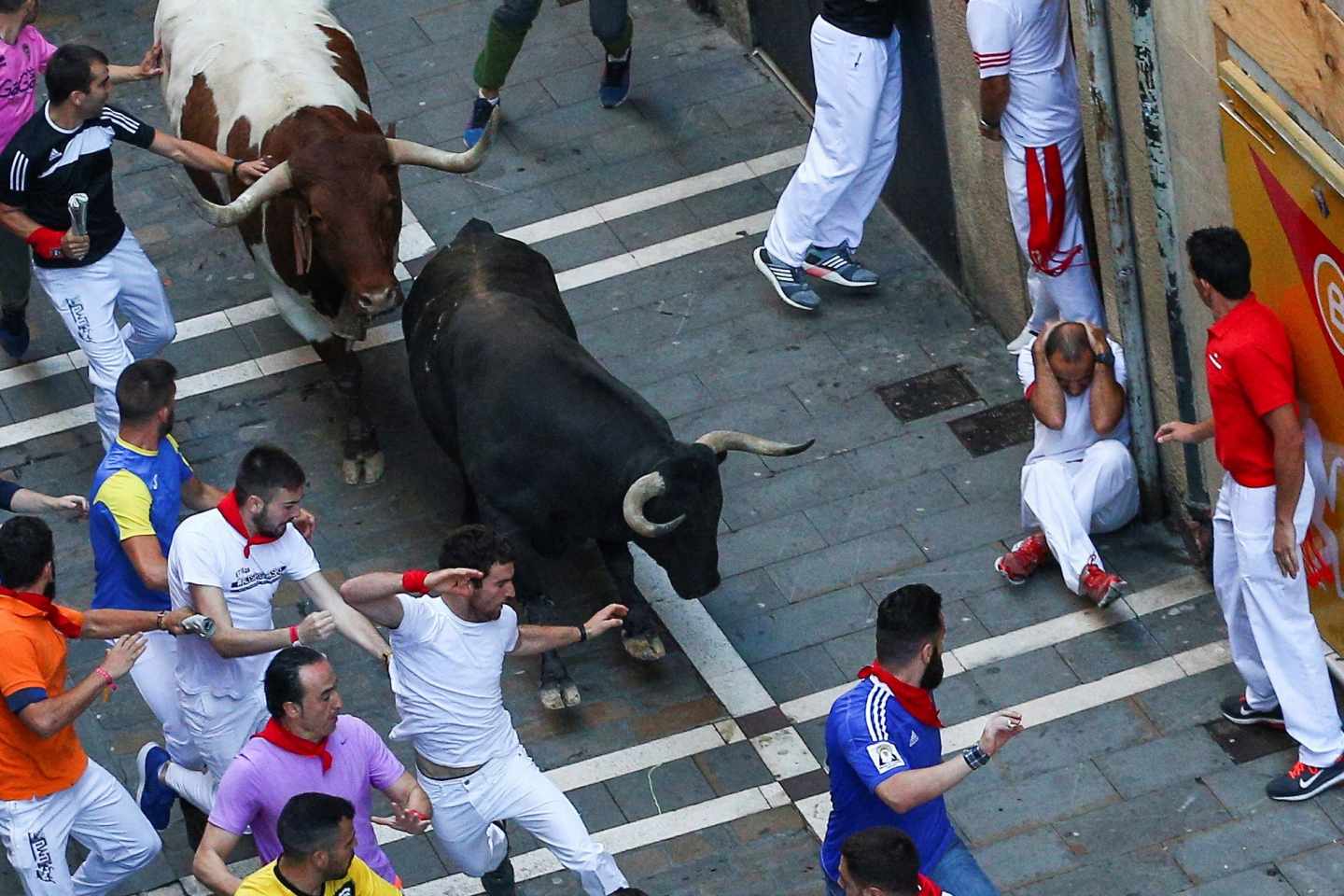 Un toro de la ganadería gaditana de Núñez del Cuvillo a su paso por la calle Estafeta durante el quinto encierro de San Fermín 2018.