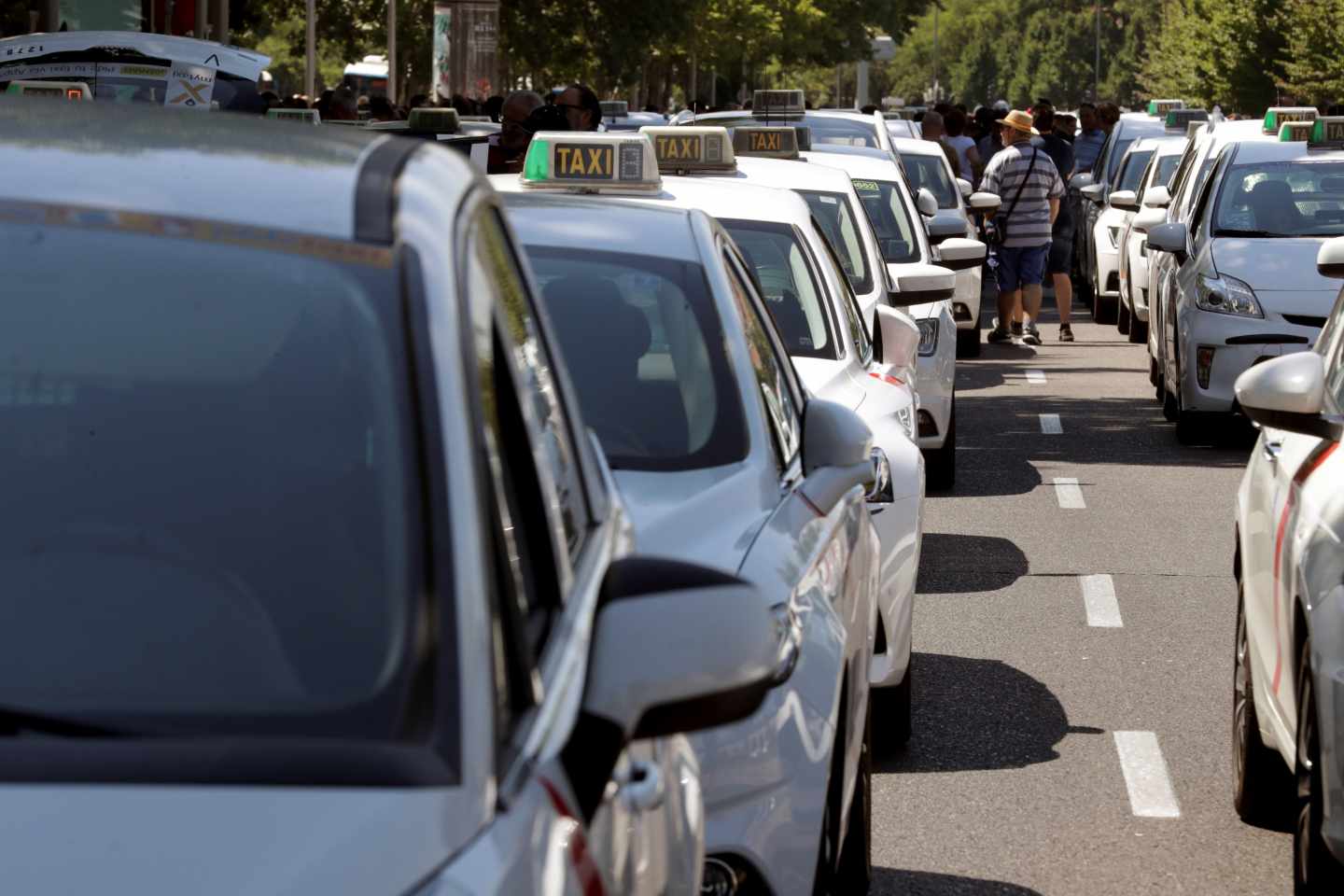 Un grupo de taxis permanecen concentrados a su paso por el ministerio de Fomento, en Madrid.