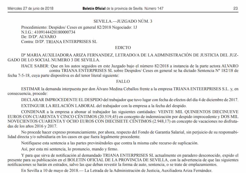 Fallo condenatorio contra Triana Enterprises (es una SA no SL como por error se detalla) por el despido de un trabajador.