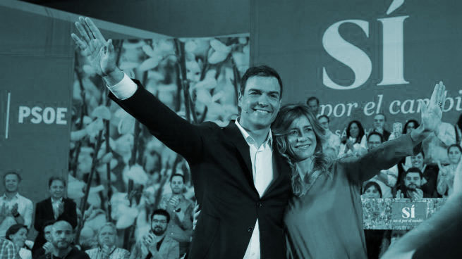 Pedro Sánchez y Begoña Gómez durante un mitin