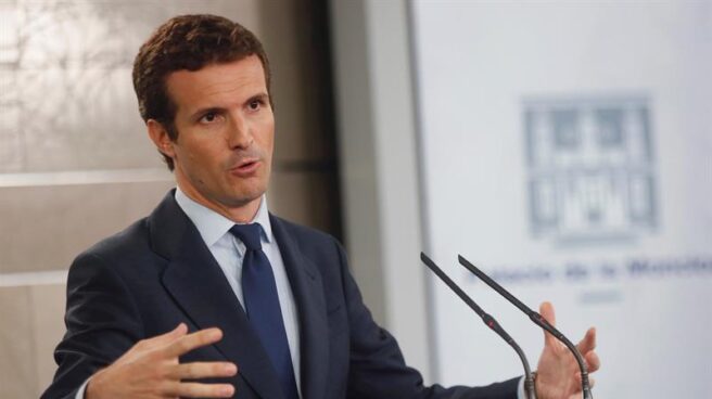 Pablo Casado, durante una rueda de prensa en Moncloa.