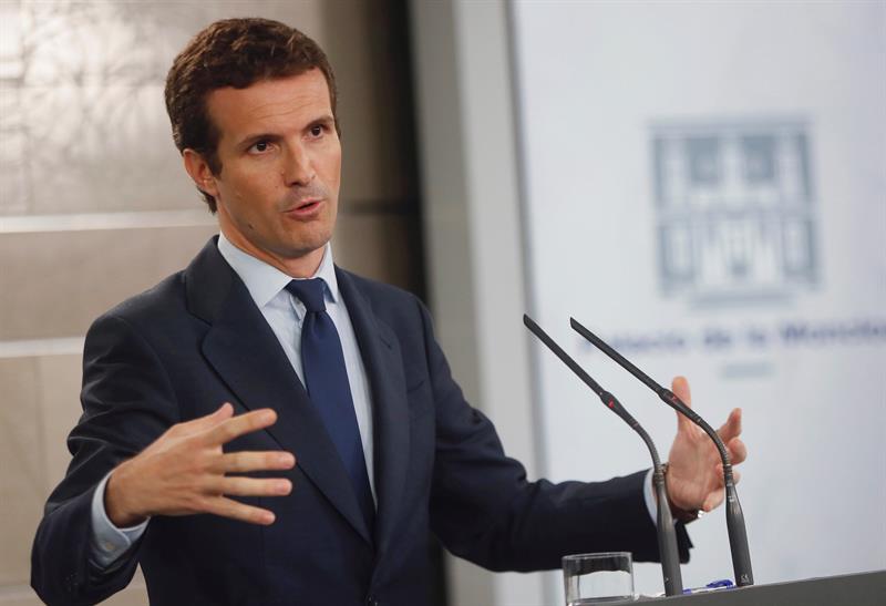 Pablo Casado, durante una rueda de prensa en Moncloa.