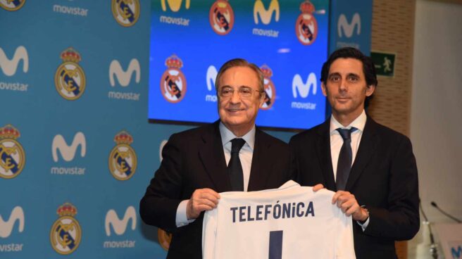 floren pallete ep El presidente del Real Madrid, Florentino Pérez, y el de Telefónica, José María Álvarez-Pallete, en la presentación del acuerdo de patrocinio.