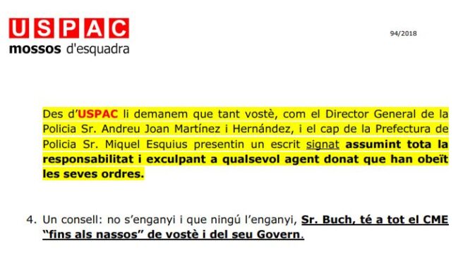 uspac_buch_mossos_lazos Comunicado de USPAC dirigido al consejero Miquel Buch por la polémica de los lazos amarillos.