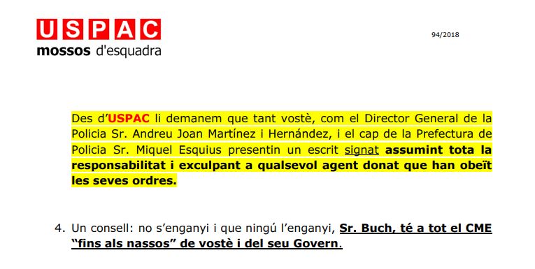 Comunicado de USPAC dirigido al consejero Miquel Buch por la polémica de los lazos amarillos.