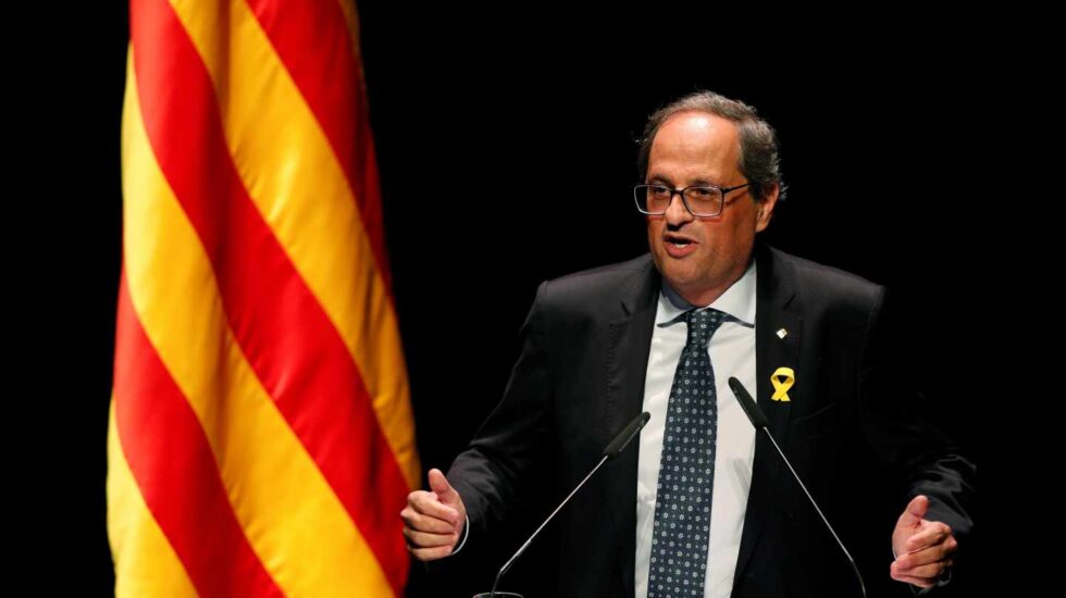 El presidente de la Generalitat, Quim Torra, en su conferencia en Barcelona.