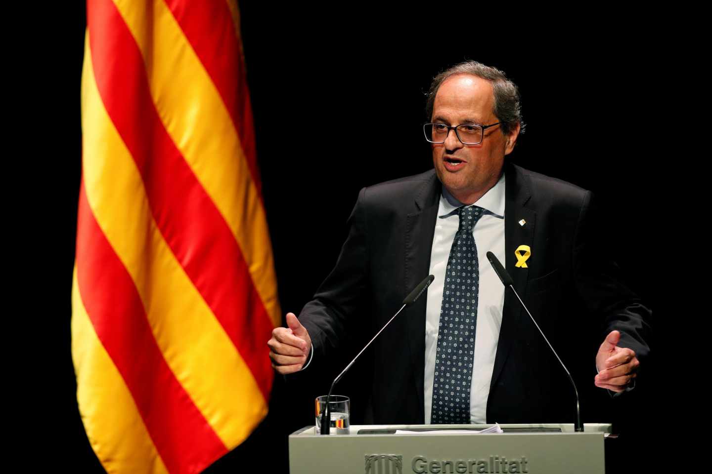 El presidente de la Generalitat, Quim Torra, en su conferencia en Barcelona.