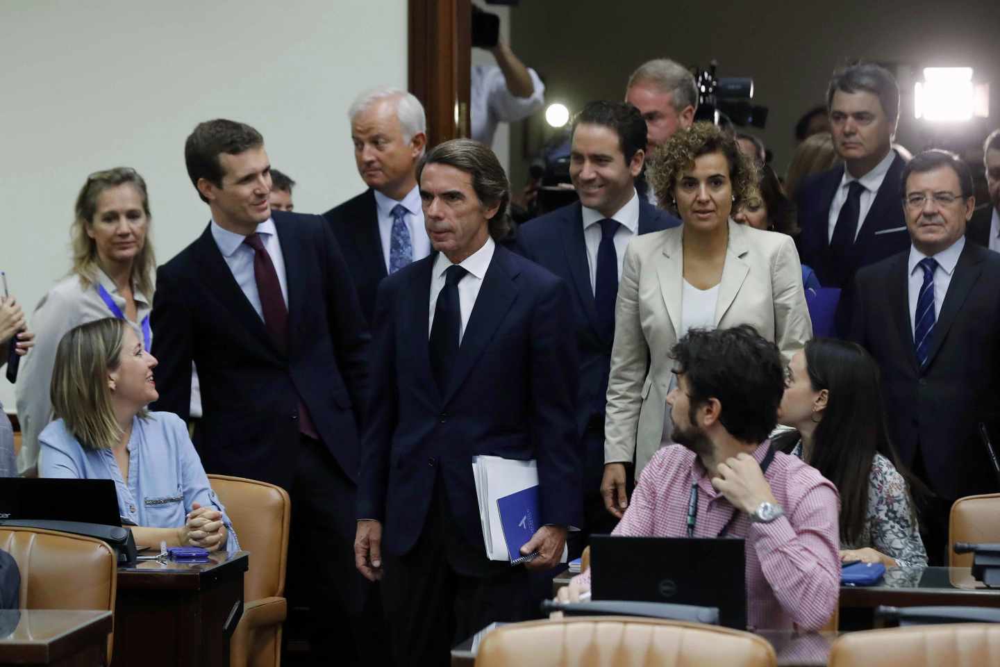 El ex presidente de Gobierno, José María Aznar, junto a Pablo Casado, Dolors Montserrat y Teodoro García Egea.