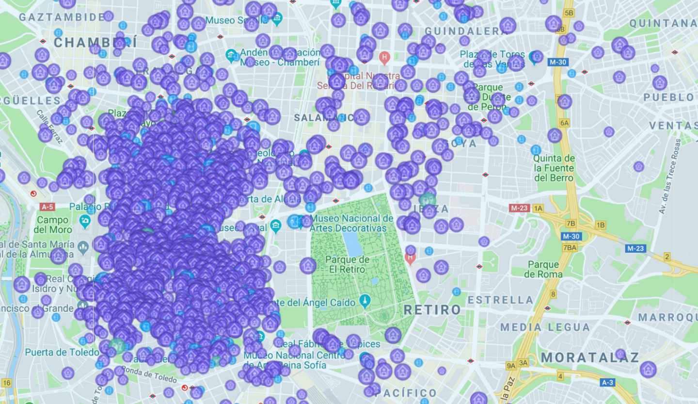 Mapa de alojamientos de alquiler turístico en Madrid anunciados en Airbnb.