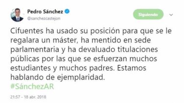 Sánchez criticó que Cifuentes usara "su posición para que se le regalara un máster"