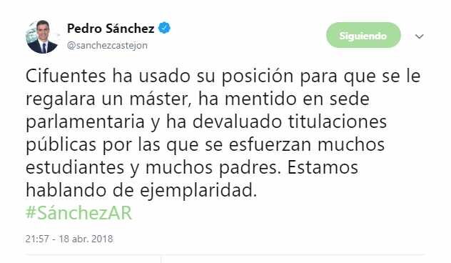Sánchez criticó que Cifuentes usara "su posición para que se le regalara un máster"