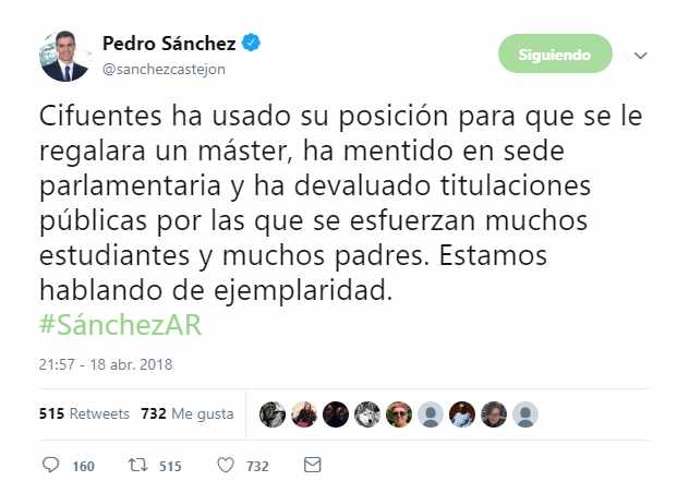 Sánchez criticó que Cifuentes usara "su posición para que se le regalara un máster"