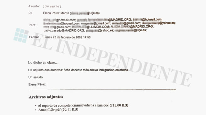 Una profesora del máster, por correo electrónico a Casado: "Lo dicho en clase…"