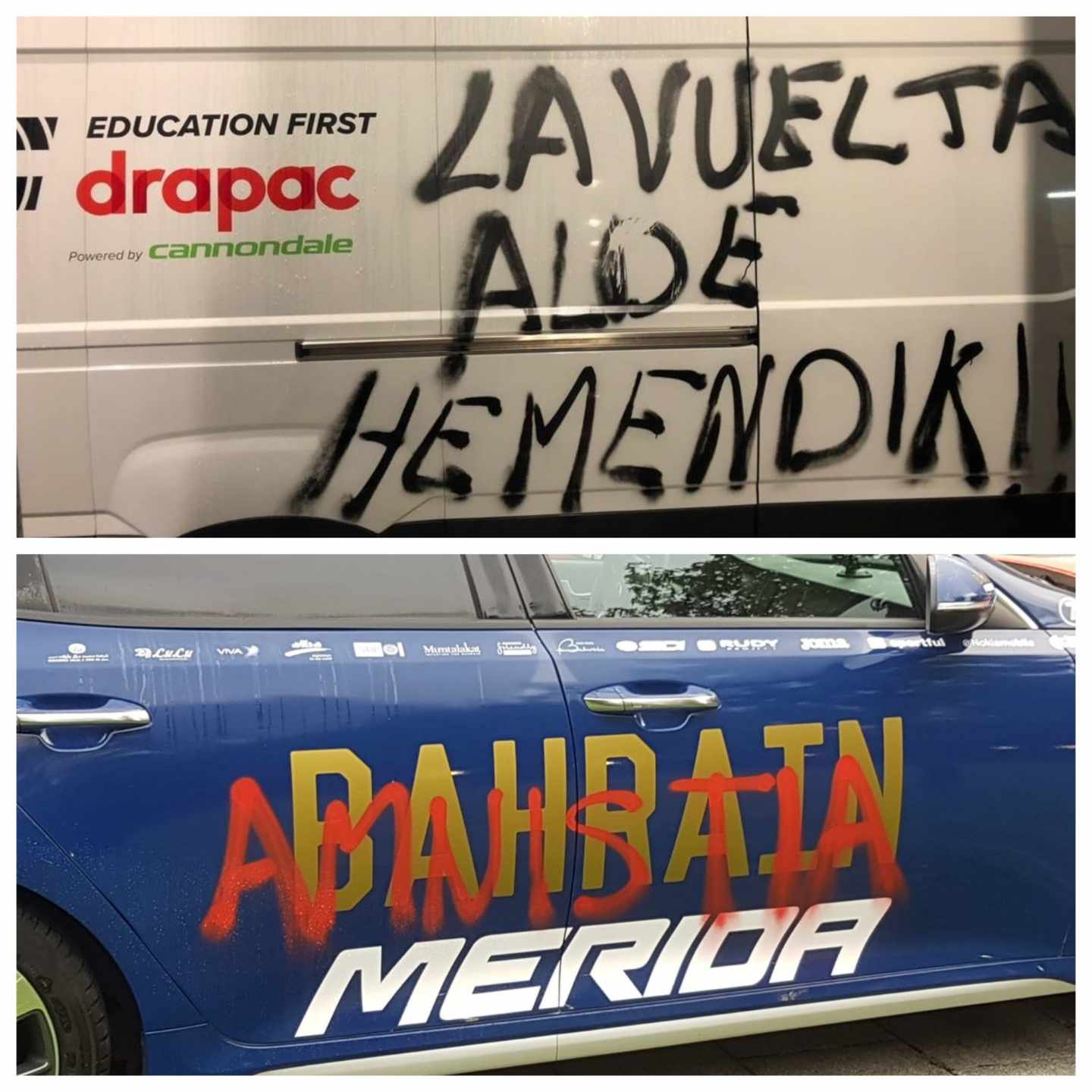 Furgonetas y coches de La Vuelta a España, con pintadas de protesta.