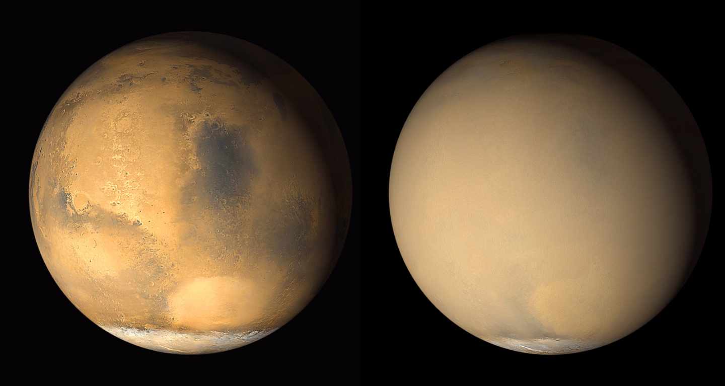 Marte, antes y durante la tormenta de polvo de 2018