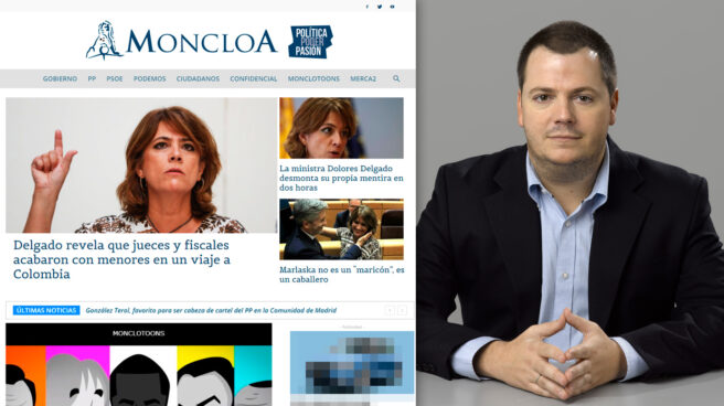 Cabecera del portal 'Moncloa.com' y, a la derecha, su editor: Alejandro Suárez Sánchez-Ocaña.