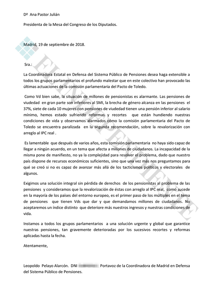 Escrito de la Coordinadora de Defensa de las Pensiones a Ana Pastor