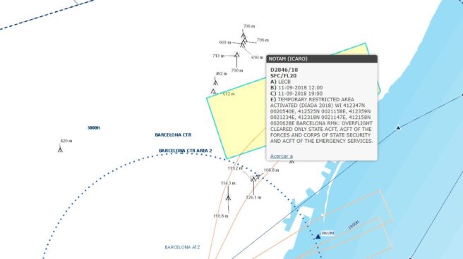 Mapa de la restricción aérea que afectará a Barcelona este martes.