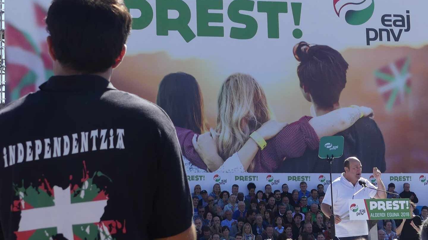El presidente del PNV, Andoni Ortuzar, durante su intervención en el pasado 'Alderdi Eguna'.