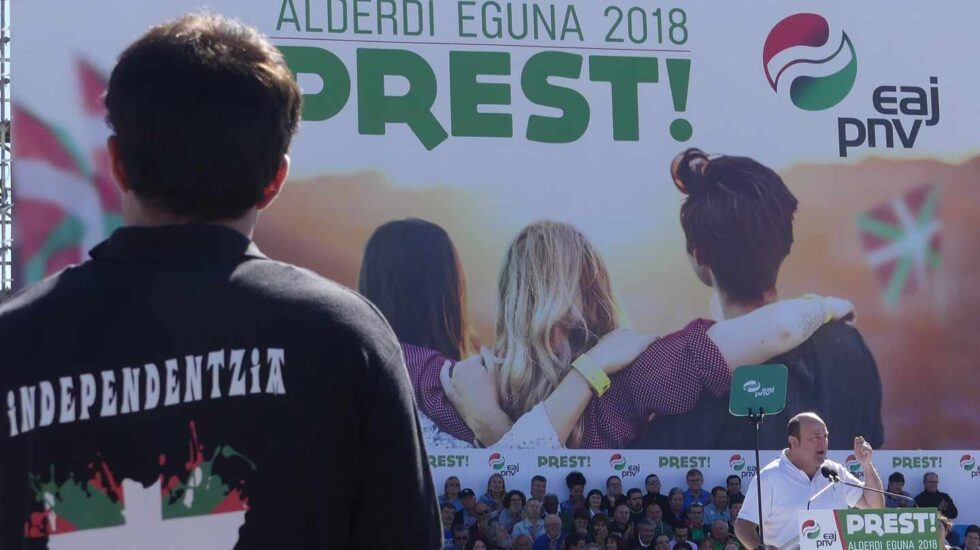 El presidente del PNV, Andoni Ortuzar, durante su intervención en el pasado 'Alderdi Eguna'.