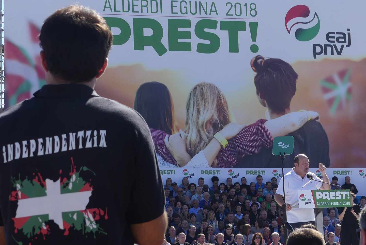 El presidente del PNV, Andoni Ortuzar, durante su intervención en el pasado 'Alderdi Eguna'.