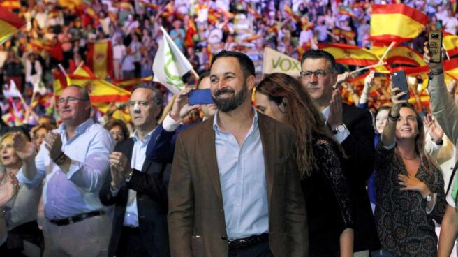 El presidente de Vox, Santiago Abascal, durante el acto que la formación celebó en 2018 en el Palacio de Vistalegre de Madrid, con el objetivo de llenar el recinto de banderas de España y exigir la convocatoria de elecciones anticipadas.