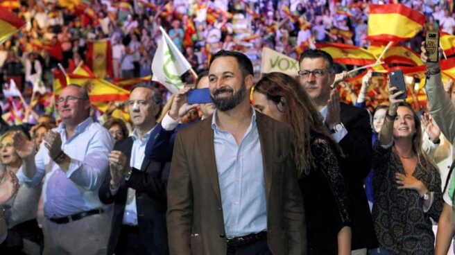 636745265237346265 El presidente de Vox, Santiago Abascal, durante el acto que la formación celebó en 2018 en el Palacio de Vistalegre de Madrid, con el objetivo de llenar el recinto de banderas de España y exigir la convocatoria de elecciones anticipadas.