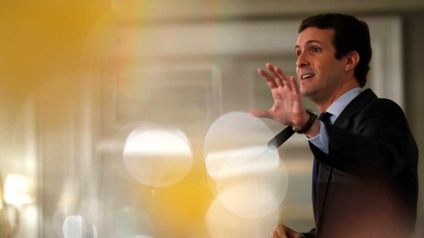El presidente del Partido Popular, Pablo Casado, durante su intervención en un desayuno informativo.