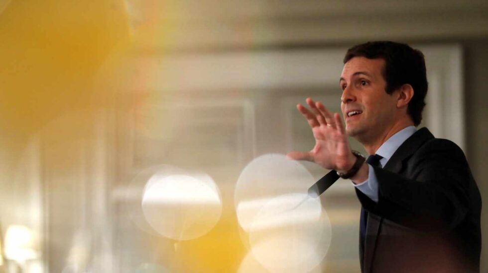 El presidente del Partido Popular, Pablo Casado, durante su intervención en un desayuno informativo.