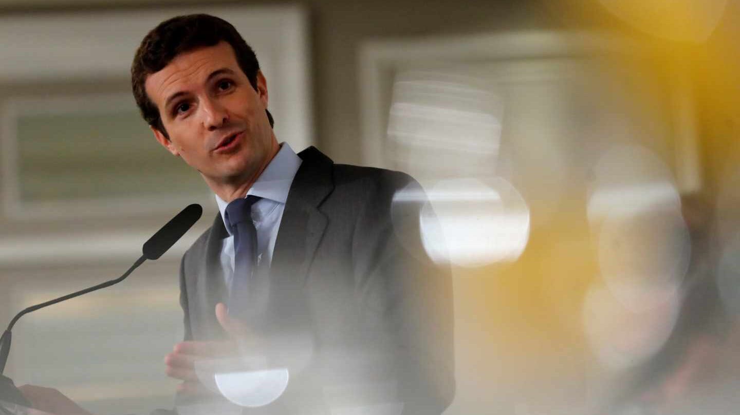 El presidente del Partido Popular, Pablo Casado, durante su intervención en un desayuno informativo.