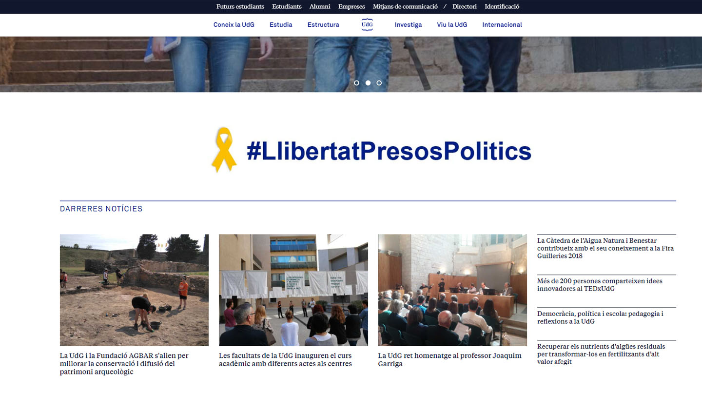 La web de la universidad de Girona incluye el lazo amarillo y "Libertad presos políticos"