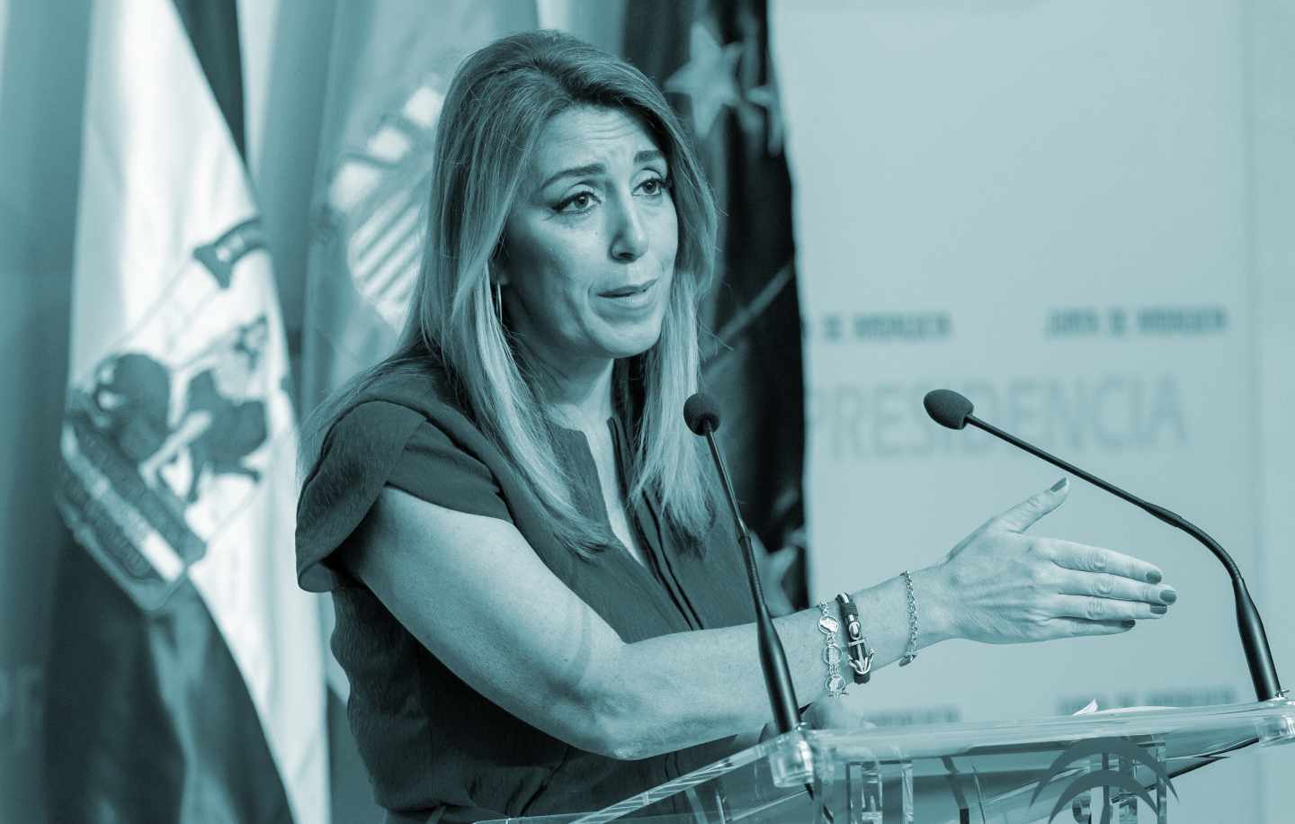 La presidenta de la Junta de Andalucía, Susana Díaz, durante su comparecencia esta tarde en el Palacio de San Telmo en Sevilla, tras firmar el decreto de disolución del Parlamento autonómico y de la convocatoria de elecciones andaluzas anticipadas para el próximo 2 de diciembre.