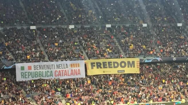 La grada del Barça da la "bienvenida a la república catalana" a los aficionados del Inter