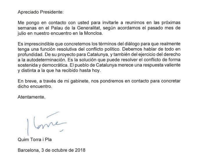 Carta de Torra a Sánchez: "Es imprescindible hablar de autodeterminación"