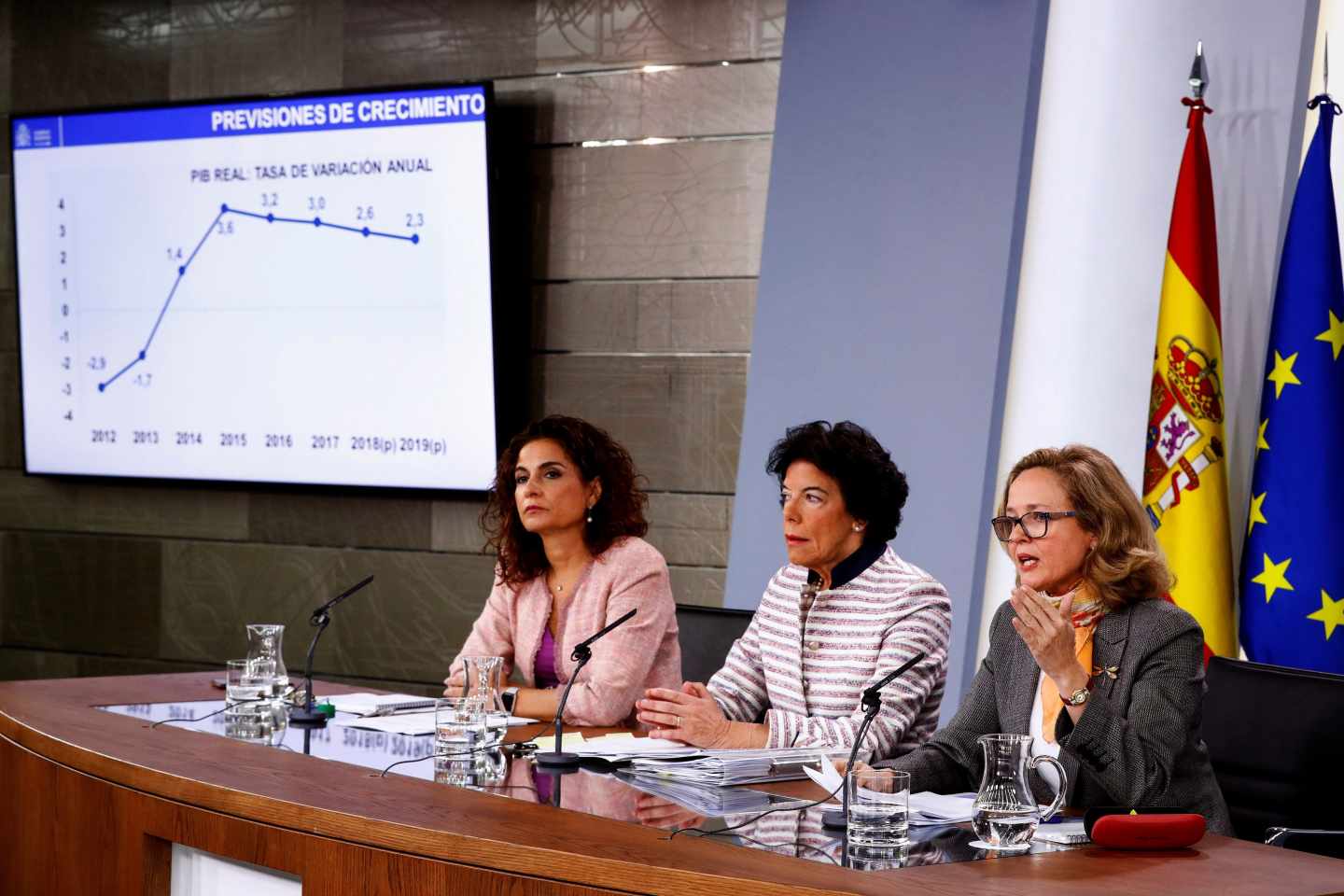 Las ministras de Hacienda, María Jesús Montero; portavoz, Isabel Celaá; y de Economía, Nadia Calviño.