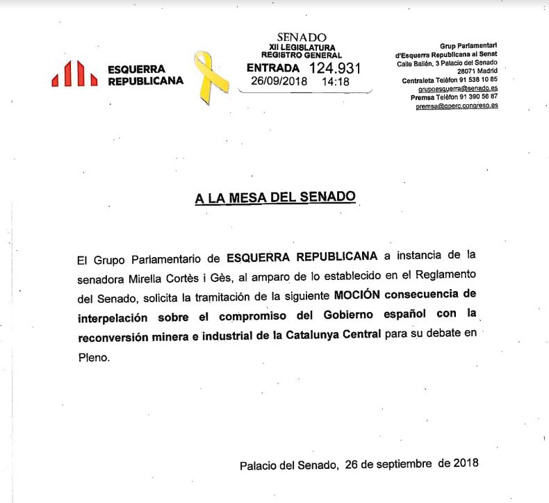 Documento presentado por el Grupo Parlamentario de ERC ante la Mesa del Senado.