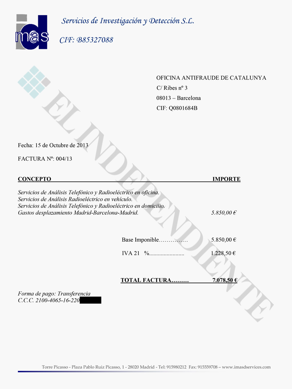 Factura emitida por Servicios de Investigación y Detección SL por servicios prestados a la Oficina Antifraude de Cataluña.