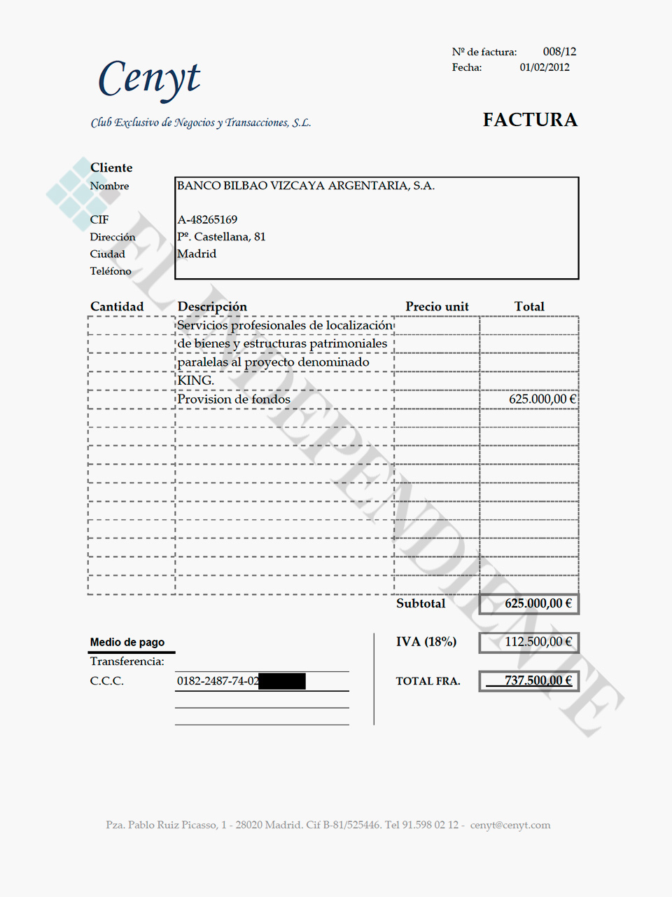 Factura emitida por Cenyt el 1 de febrero de 2012 por servicios paralelos "al proyecto denominado KING".